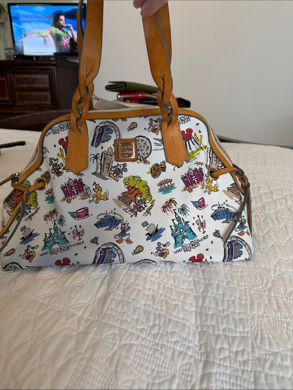 Dooney & Bourke White Disney Parks Print Satchel with Tan Trim